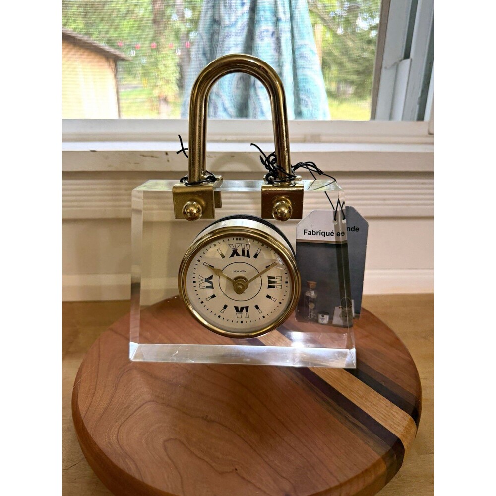 Clear Acrylic Handbag Purse Clock Gold Tone Handles Novelty Table Clock NWT